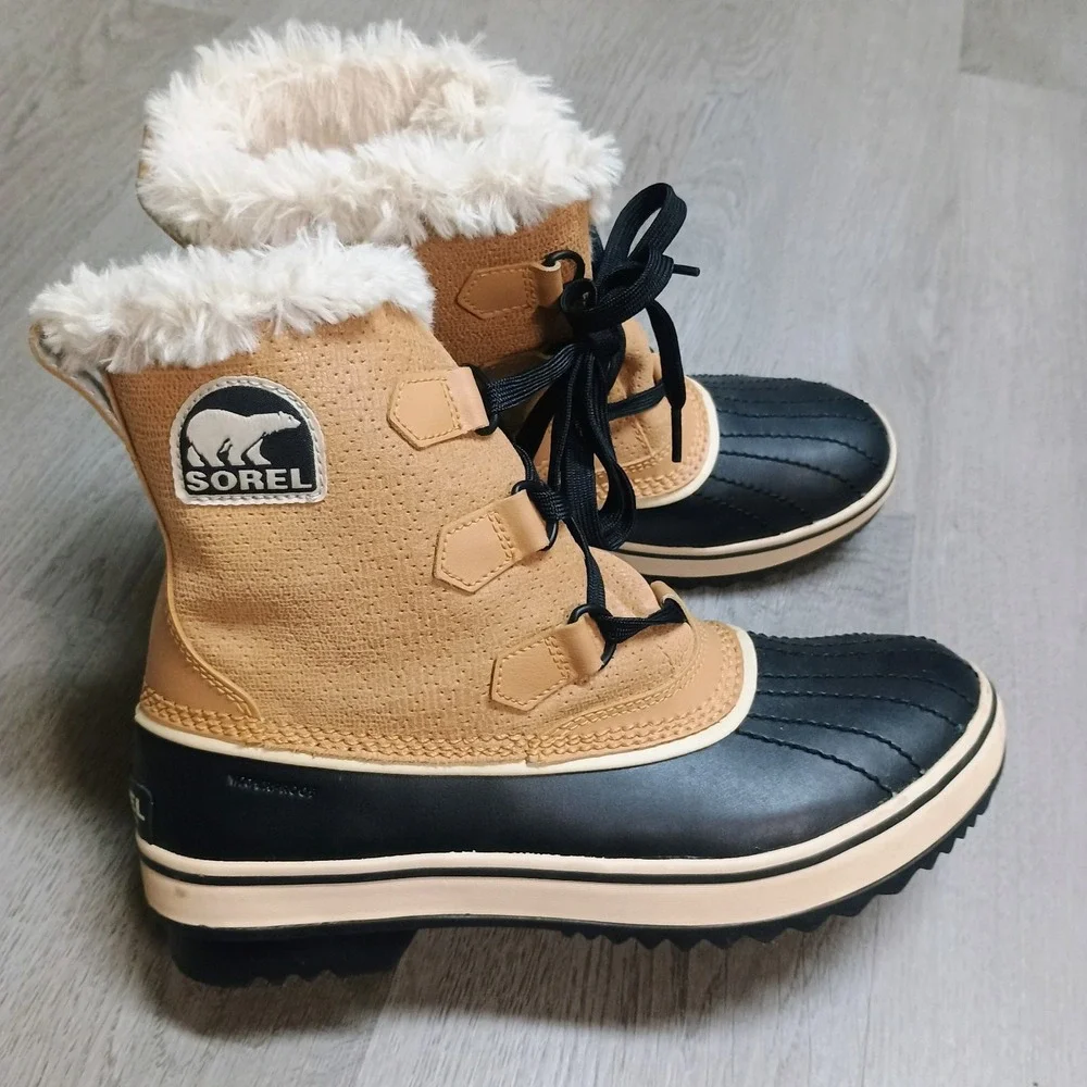 SOREL NL 1631-280 TIVOLI Waterproof Tan Black Fur Leather WINTER BOOTS 8.5